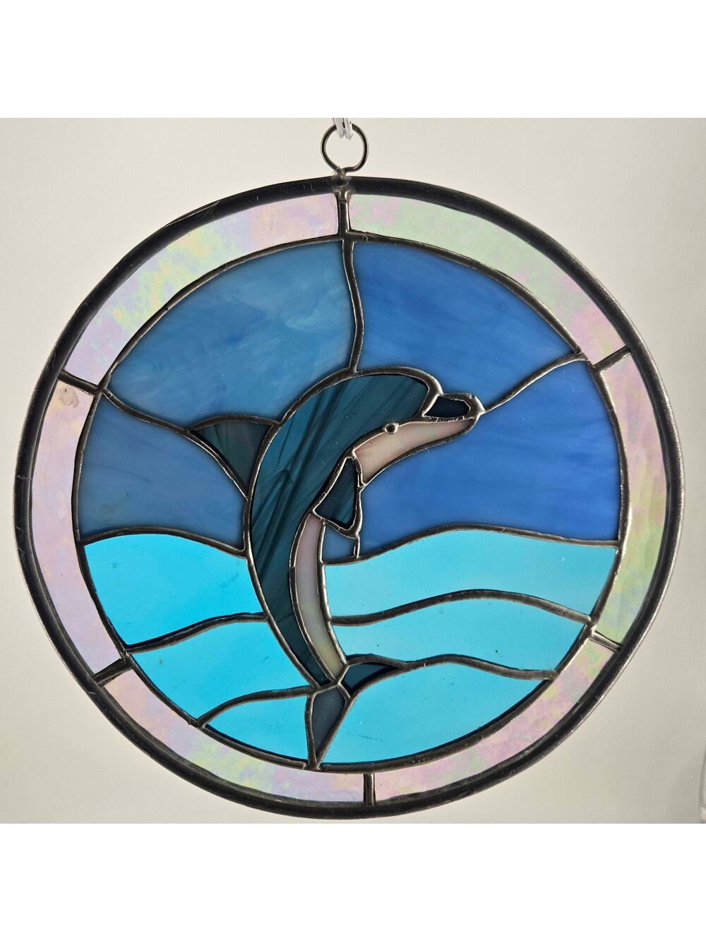Vintage Stained slag glass nautical dolphin sun catcher window hanging decor